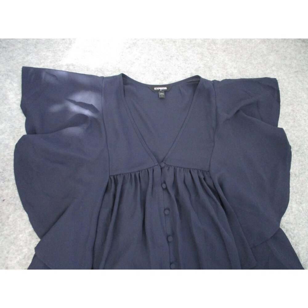 Express Button Front Sheer Sleeveless Navy Blue Blouse Womens L Ruffled - Picture 8 of 14